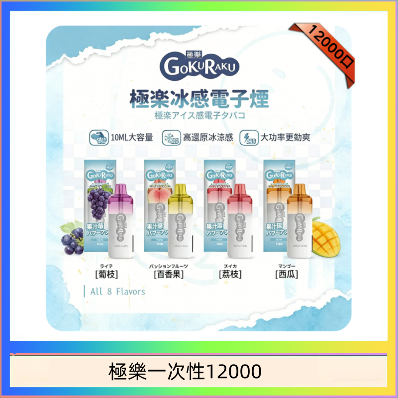 極樂一次性12000 【8種口味】極楽 12000口一次性電子煙|超大容量 |口感絲滑|新品